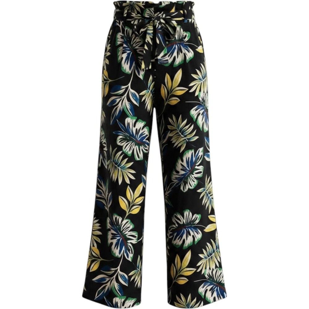 Zara Basic Pants Womens Medium Black Floral Paperbag Waist Belted Satin Tropical